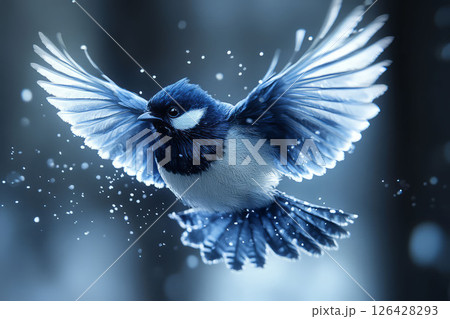 A vibrant blue bird gracefully flying through a snowy forest landscape. A vibrant blue bird gracefully flying through a snowy forest landscape. 126428293