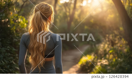 A woman enjoys a peaceful moment while walking through a sunlit forest pathway. 126428394