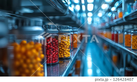 Colorful jars filled with assorted candies on a neat shelf in a store. 126428407