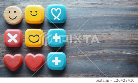 Colorful tokens with symbols representing emotions and connection on wooden surface. 126428410