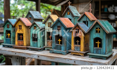 Colorful wooden birdhouses displayed on a rustic table in a vibrant outdoor setting. 126428411