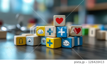 Colorful wooden blocks with symbols, representing health, security, and happiness. 126428413