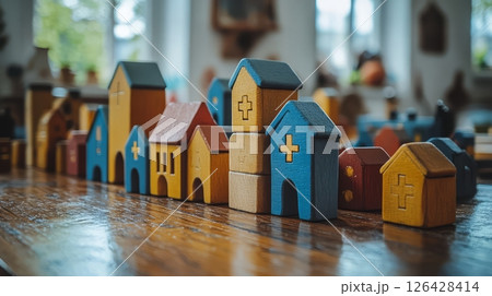 Colorful wooden toy houses arranged on a table in an artistic display. 126428414