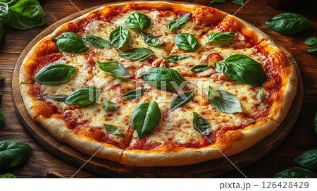 Freshly baked pizza topped with basil on a rustic wooden table. 126428429