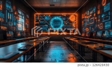Futuristic classroom with vibrant screens and digital data displays. Futuristic classroom with vibrant screens and digital data displays. 126428430