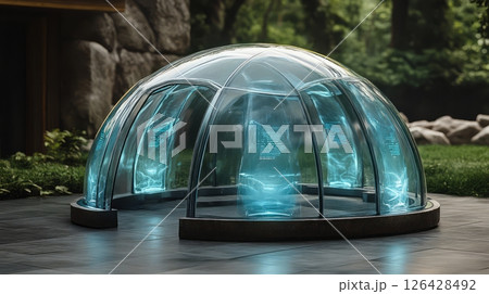 A futuristic glass dome structure in a serene outdoor setting. 126428492