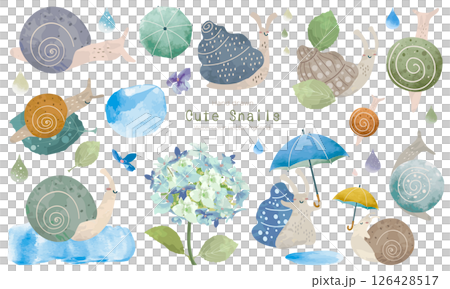 水彩で描いたいろんなカタツムリのイラスト 水彩で描いたいろんなカタツムリのイラスト 126428517