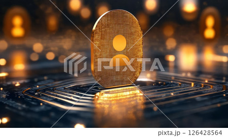 Concept of digital identity represented by a glowing figure on a circuit board. 126428564