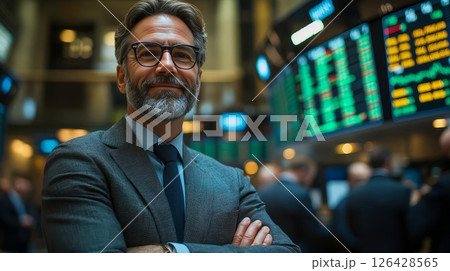 Confident businessman smiling in a stock exchange with digital displays in background. 126428565