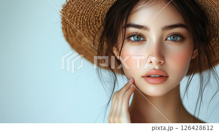 A portrait of a young woman with stunning features and a straw hat, radiating beauty. 126428612