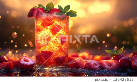 A refreshing strawberry drink garnished with mint and captured in a vibrant sunset. 126428613