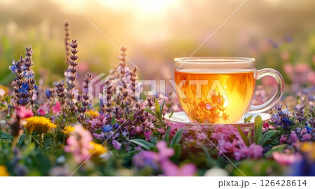 A serene cup of herbal tea surrounded by vibrant wildflowers at sunset. 126428614