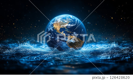 A stunning image of Earth surrounded by water, showcasing its beauty and fragile environment. 126428620