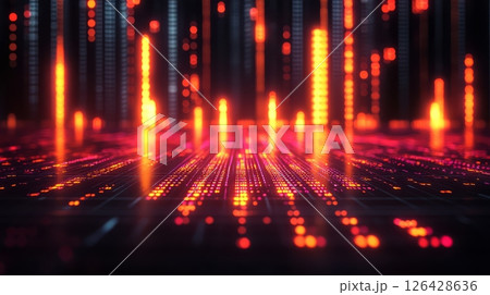 Abstract digital landscape showcasing vibrant light patterns and colors. 126428636