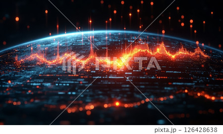 Abstract representation of digital data and sound waves over a global network. 126428638