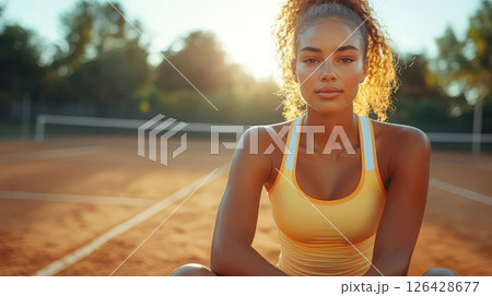 Young athlete training on a tennis court during a sunny day, focused and determined. 126428677