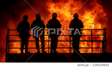 Brave firefighters silhouetted against raging flames, showcasing courage in action. 126428682