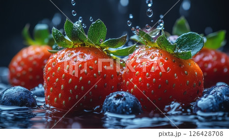 Fresh strawberries and blueberries drenched in water droplets, vibrant and appetizing. 126428708