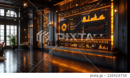 Modern office interior featuring data visualization and warm ambient lighting. 126428738