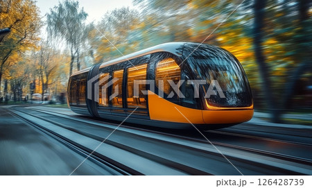 Modern tram gliding along tracks in a vibrant autumn setting. 126428739