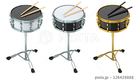Set of drums and wooden drum sticks on white. 3d render of musical instrument 126428888