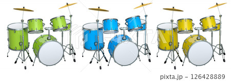 Set of realistic drums with metal cymbals or drumset on white background 126428889