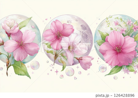 Pink cherry blossoms in front of glowing full moons with dreamy bubbles and sparkles, soft watercolor style perfect for a delicate and feminine tattoo design Pink cherry blossoms in front of glowing full moons with dreamy bubbles and sparkles, soft watercolor style perfect for a delicate and feminine tattoo design 126428896