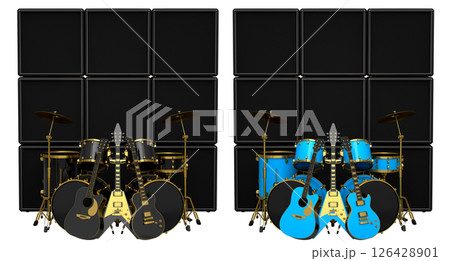 Set of realistic drums with metal cymbals or drumset and amplifier on white Set of realistic drums with metal cymbals or drumset and amplifier on white 126428901