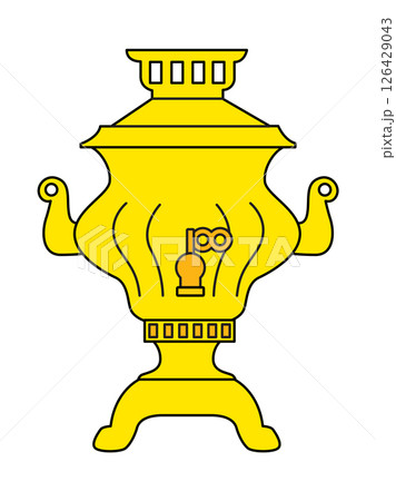 The golden samovar. Illustration of russian teapot. Russian object for preparing hot drinks on an isolated white background 126429043