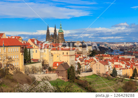 Beautiful landscape of the old town and the Hradcany (Prague Castle) with St. Vitus Cathedral in Prague, Czech Republic 126429288