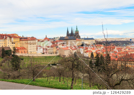 Beautiful landscape of the old town and the Hradcany (Prague Castle) with St. Vitus Cathedral in Prague, Czech Republic 126429289