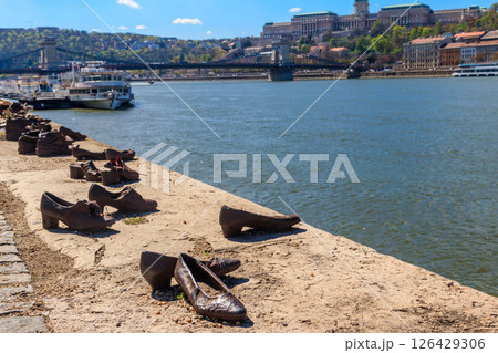 Shoes on the Danube bank - Monument as a memorial of the Jewish victims of the Holocaust during WWII  in Budapest, Hungary 126429306
