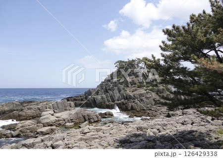 越前加賀海岸国定公園の鉾島園地にある柱状節理の岩肌 126429338