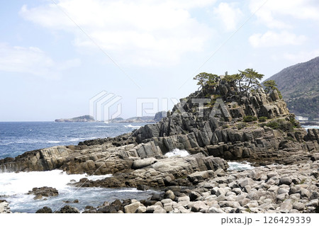 越前加賀海岸国定公園の鉾島園地にある柱状節理の岩肌 126429339