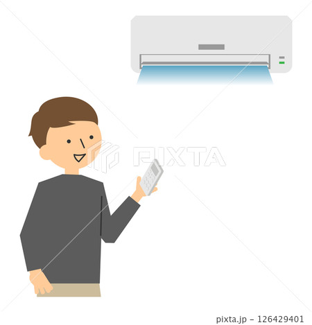 エアコンの冷房を使う男性のイラスト エアコンの冷房を使う男性のイラスト 126429401