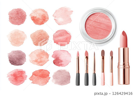 Cosmetic-themed flat lay with blush-toned watercolor swatches, rose gold brushes, coral lipstick, and compact blush on a white background 126429416