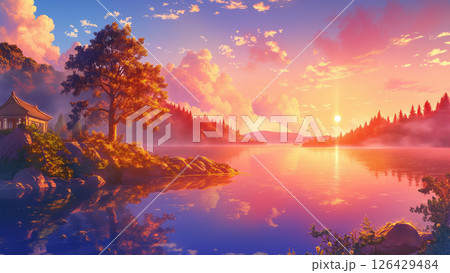 赤く染まる湖の風景、アニメ風 126429484