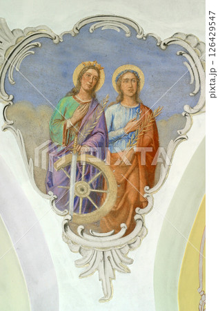 Saints Catherine and Apollonia, fresco on the ceiling of the church of Saint Barbara in the Bedekovcina, Croatia Saints Catherine and Apollonia, fresco on the ceiling of the church of Saint Barbara in the Bedekovcina, Croatia 126429547