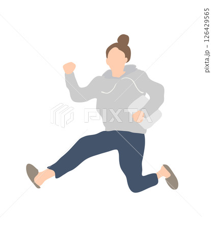 ガッツポーズで駆け出す女性/ラフスタイル/お団子ヘア 126429565