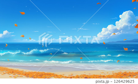 秋の落ち葉が溜まっている海の風景、アニメ風 126429625