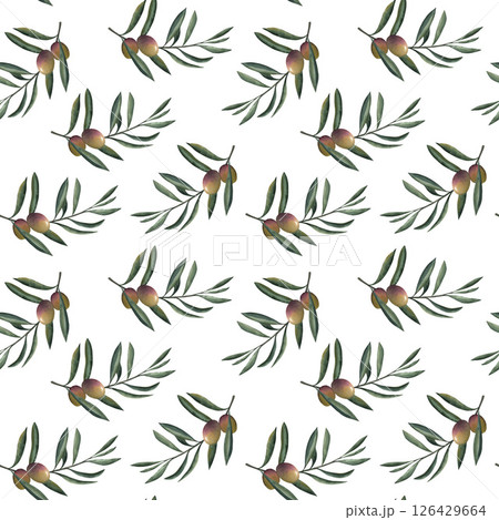 Seamless watercolor pattern of olive branches with green leaves and ripe fruit. Hand-drawn botanical texture perfect for organic, Mediterranean, healthy food, and natural design projects. For textile 126429664
