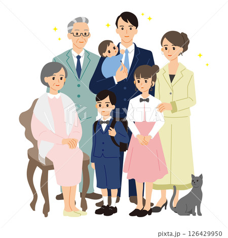 記念撮影をする三世代家族 126429950