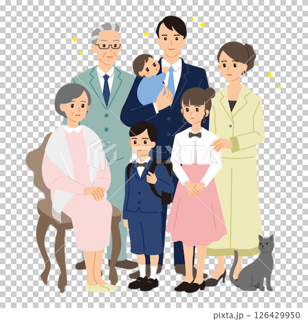 記念撮影をする三世代家族 126429950