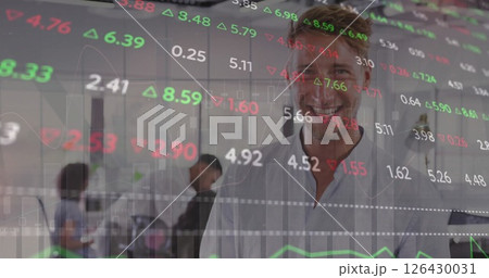 Image of diagrams and stock market over diverse business people talking in office 126430031