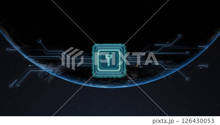 Image of circuit board and connection with key over globe and dark background Image of circuit board and connection with key over globe and dark background 126430053