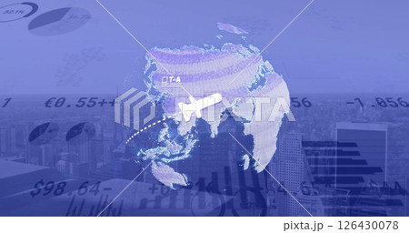 Image of digital data processing over globe and cityscape Image of digital data processing over globe and cityscape 126430078
