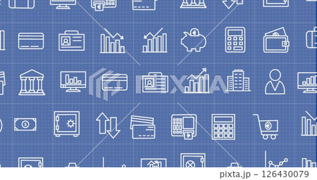 Image of digital data processing with business icons over blue screen Image of digital data processing with business icons over blue screen 126430079
