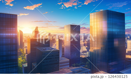 太陽に照らされるオフィス街の風景、アニメ風 太陽に照らされるオフィス街の風景、アニメ風 126430125