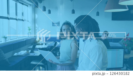 Image of financial data processing over diverse business people in office Image of financial data processing over diverse business people in office 126430182