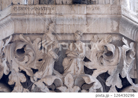 Medieval reliefs from Doge's Palace capital in Saint Mark Square, Venice, Italy 126430296